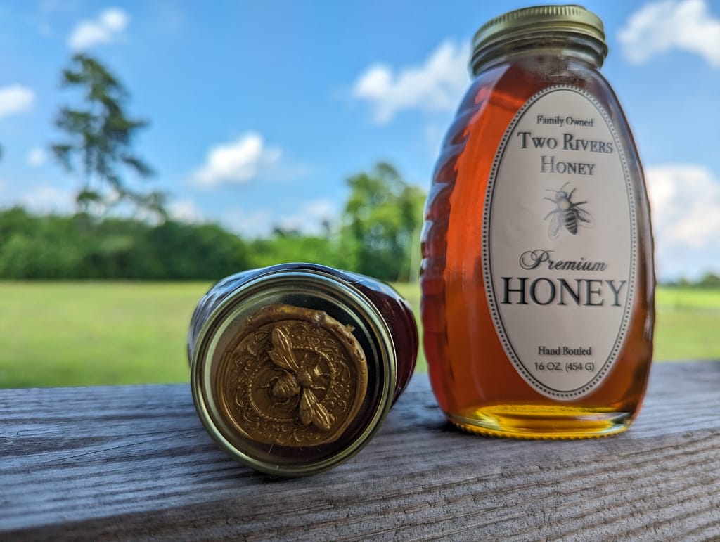 One classic jar of honey with wax seal showing